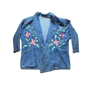 Vintage Denim Jacket Womens‎ 3X Blue Jean Hand Painted Shoulder Pads Flower Lady